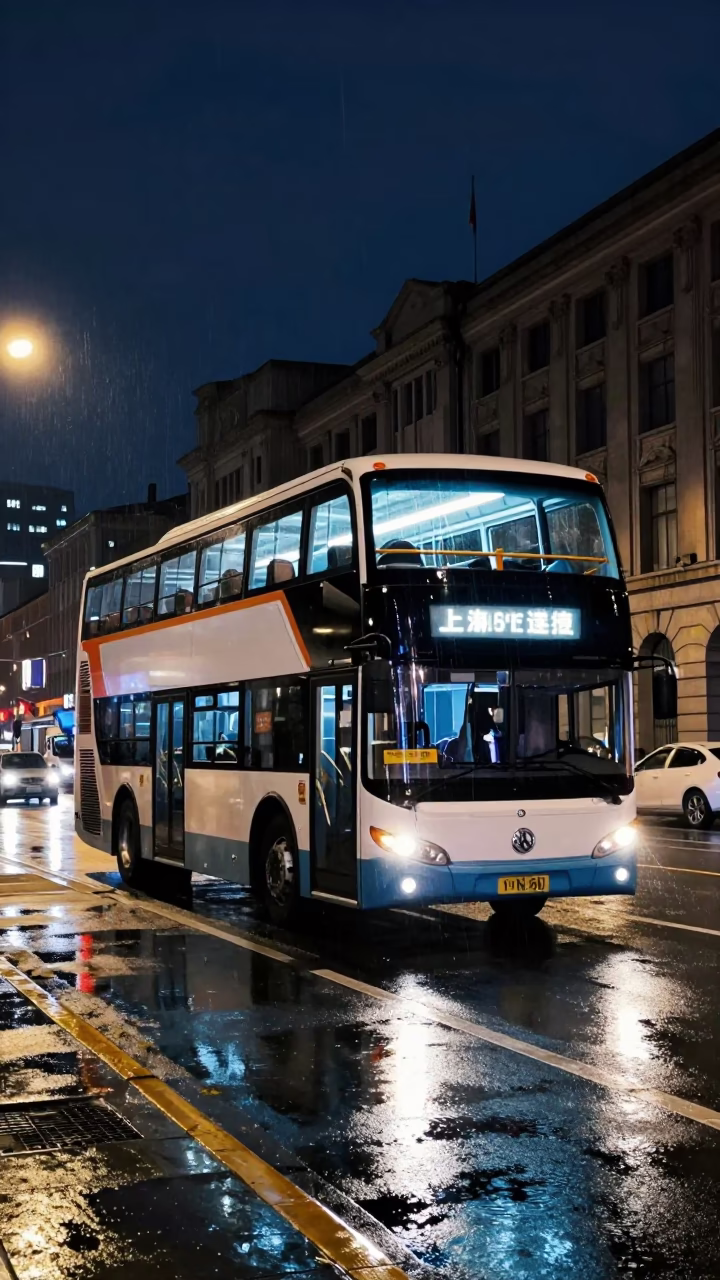 Late Night Shanghai Street Scene with Double-Decker Bus and Rainy Atmosphere in in Shanghai, China
