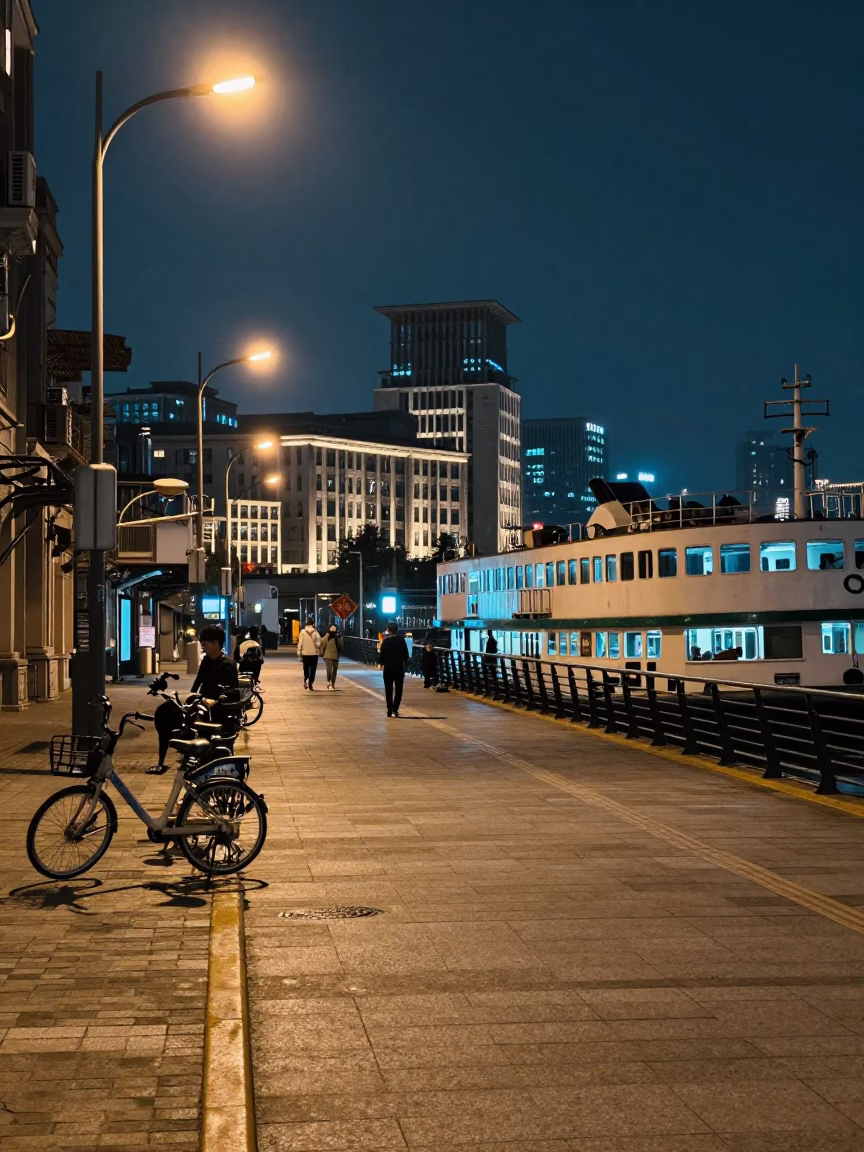 Late Night Shanghai Street Scene with Ferry Dock and Urban Life in in Shanghai, China