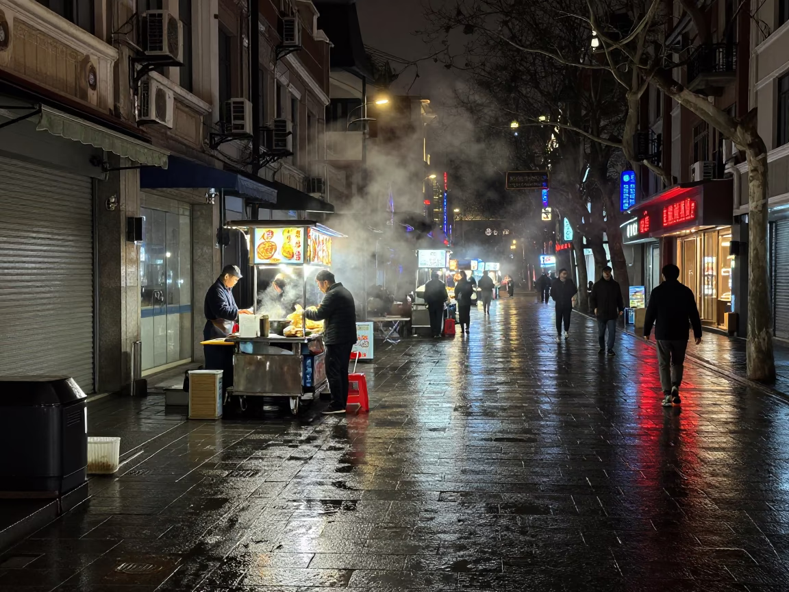 Late Night Shanghai Street Scene with Food Stall and Rain Slipped Glass in in Shanghai, China