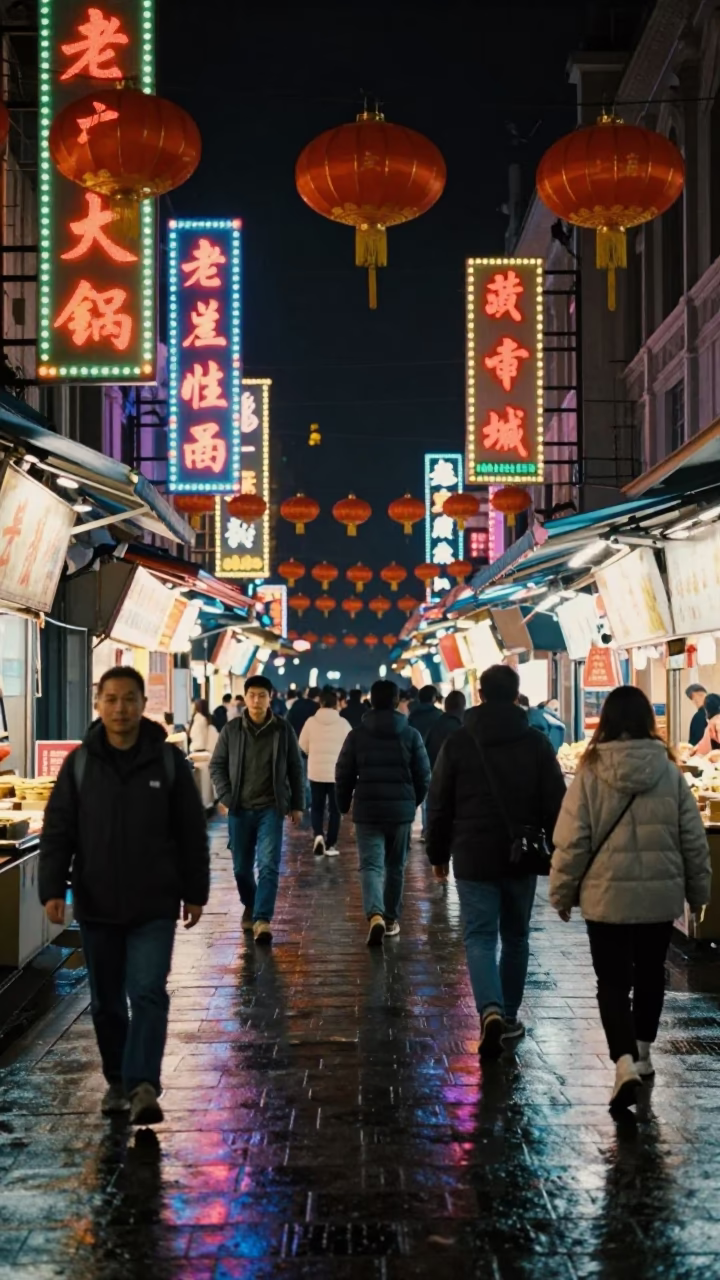 Late Night Shanghai Street Scene with Lanterns and Local Food Stall in in Shanghai, China