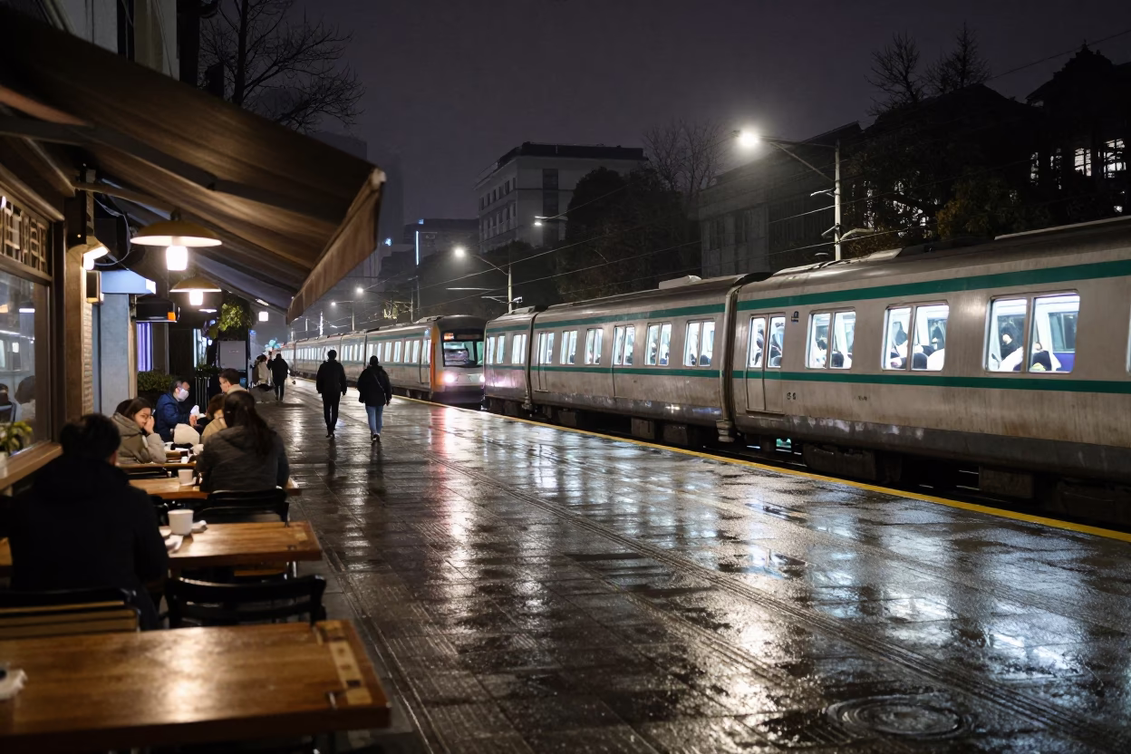 Late Night Shanghai Street Scene with Metro Train and Local Dining in in Shanghai, China
