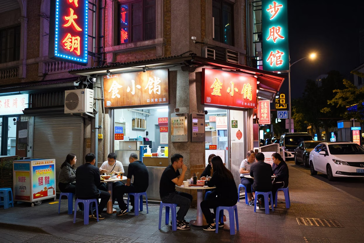 Late Night Shanghai Street Scene with Neon Lights and Casual Dining in in Shanghai, China