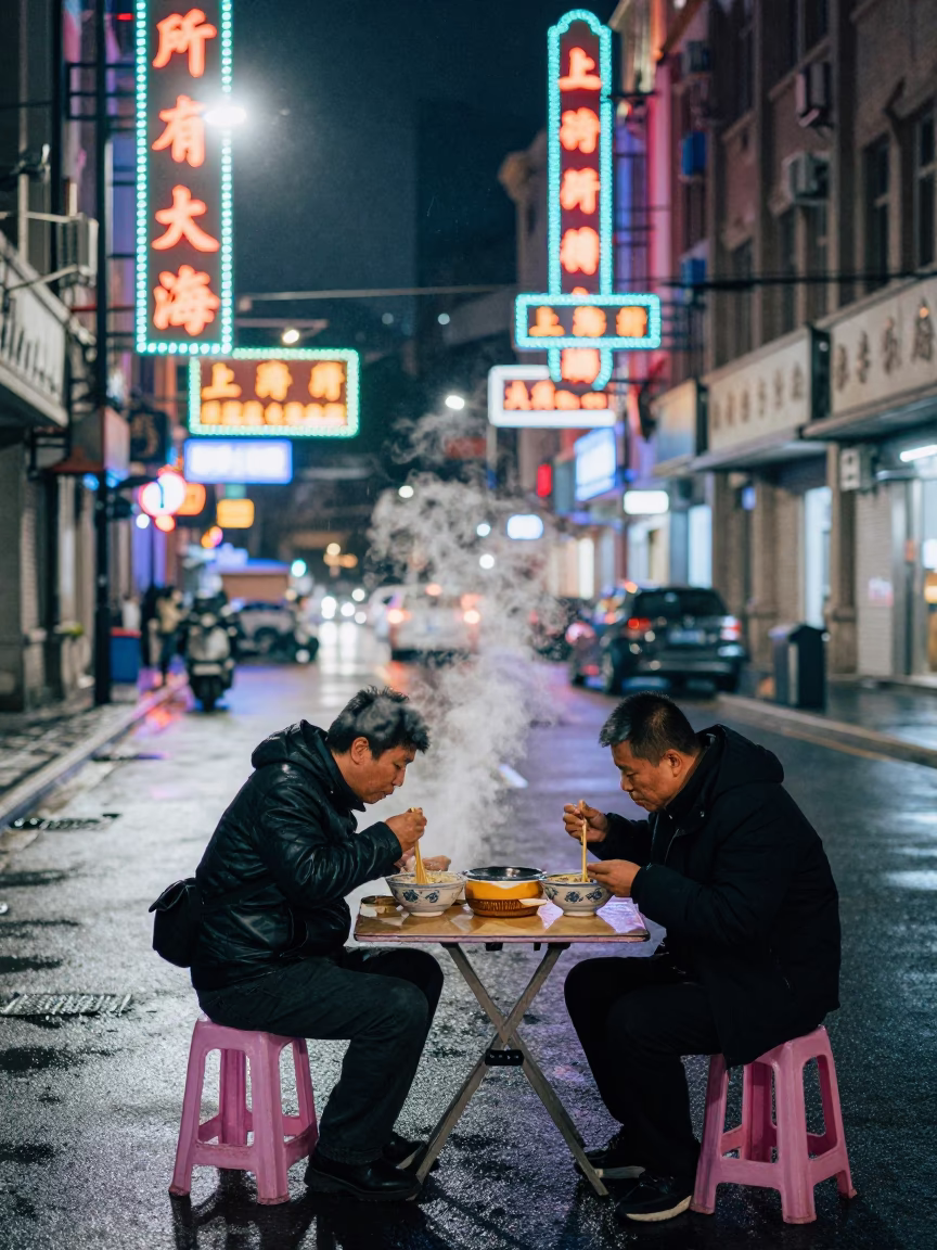 Late Night Shanghai Street Scene with Neon Signs and Local Dining in China in in Shanghai, China