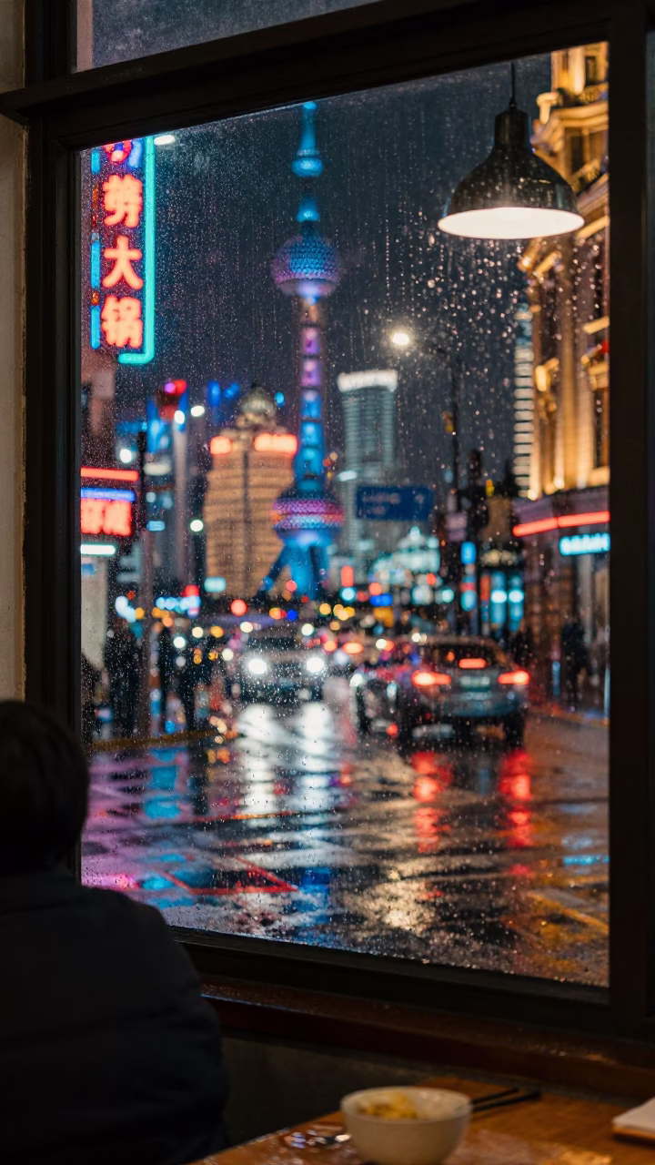 Late Night Shanghai Street Scene with Rain-Slicked Glass and Neon Reflections in in Shanghai, China