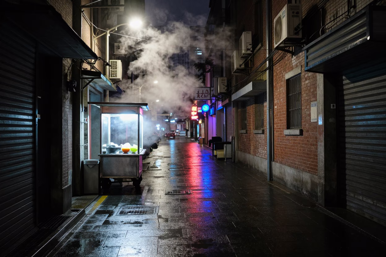 Late Night Shanghai Street Scene with Steam and Neon Reflections in in Shanghai, China