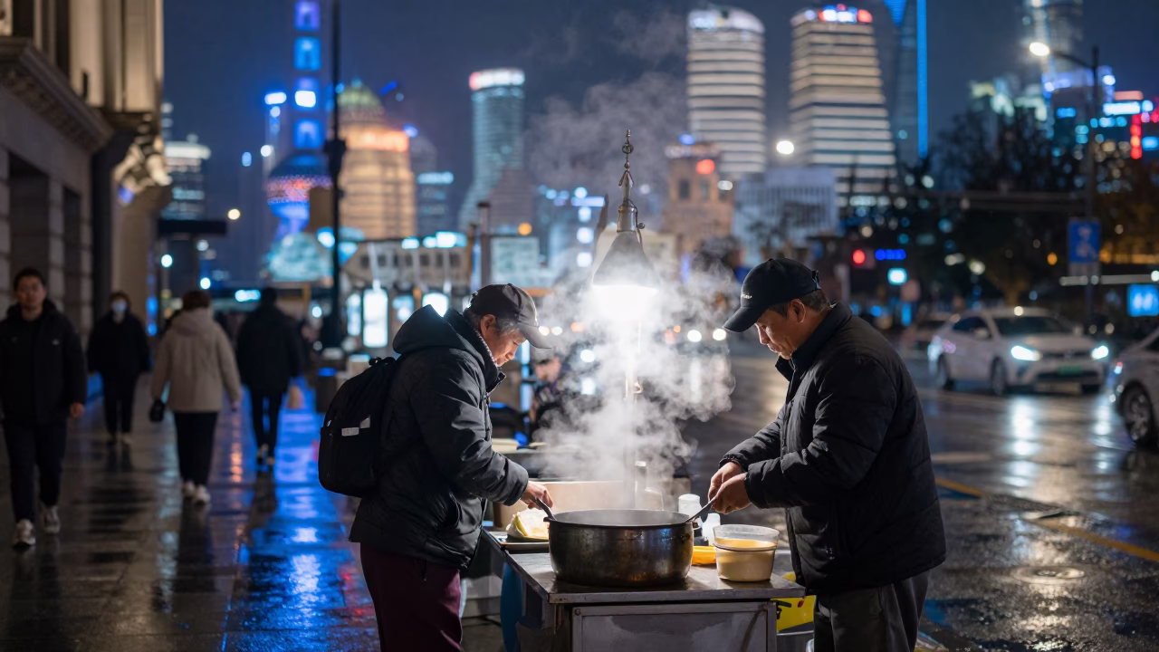 Late Night Shanghai Street Scene with Steam Haze and Wet Pavement Reflections in in Shanghai, China