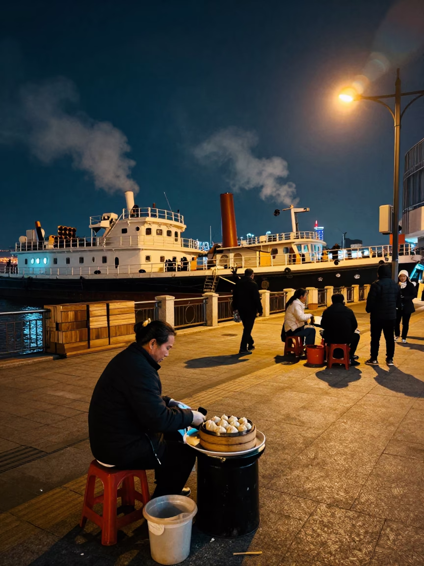 Late Night Shanghai Street Scene with Steamers and Woodblock Carving Under Night Sky in in Shanghai, China