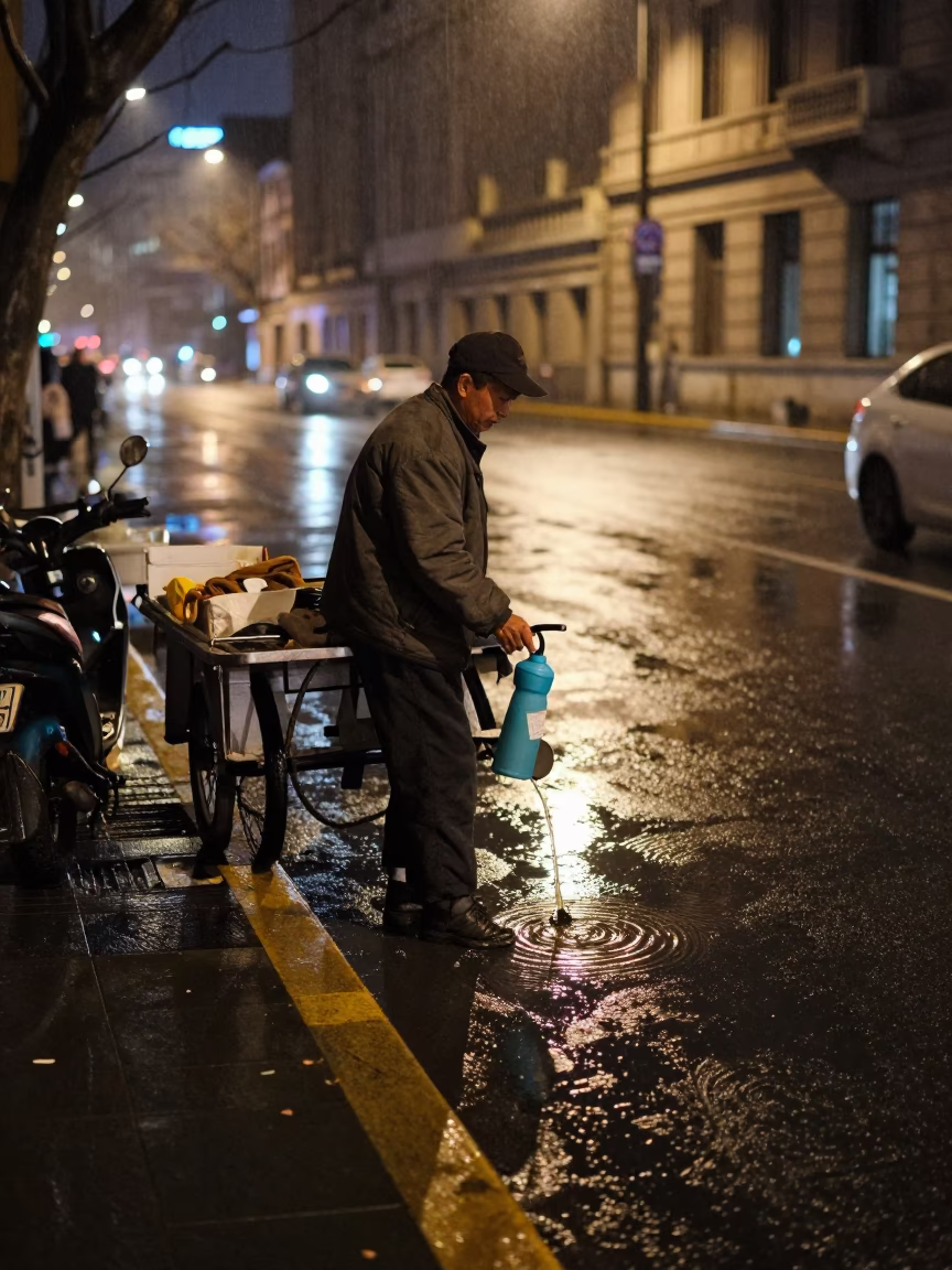 Late Night Shanghai Street Scene with Watering Bottle and Rain Ripples in in Shanghai, China