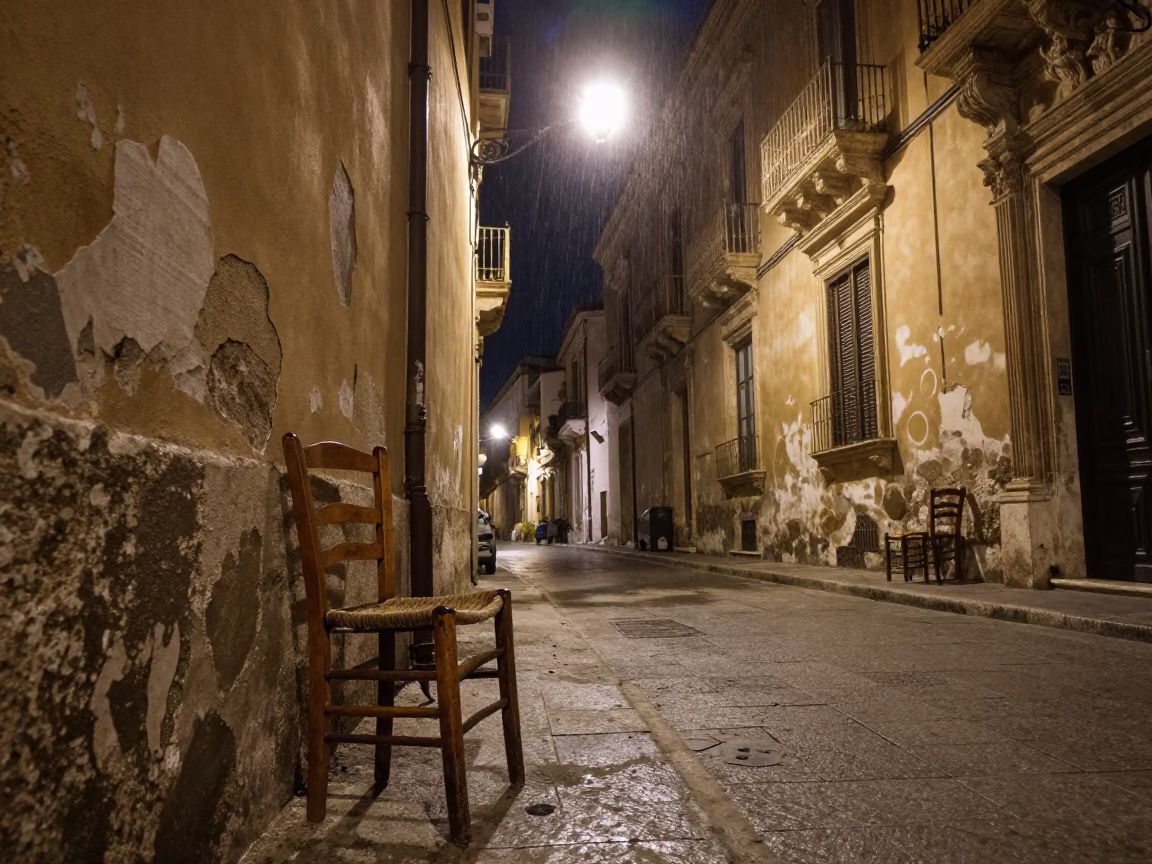 Late Night Sicilian Street Scene in Palermo with Condensation and Twine Details in in Palermo, Italy