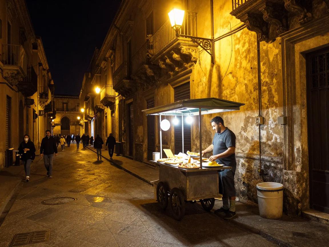 Late Night Sicilian Street Scene in Palermo with Pizza and Urban Details in in Palermo, Italy