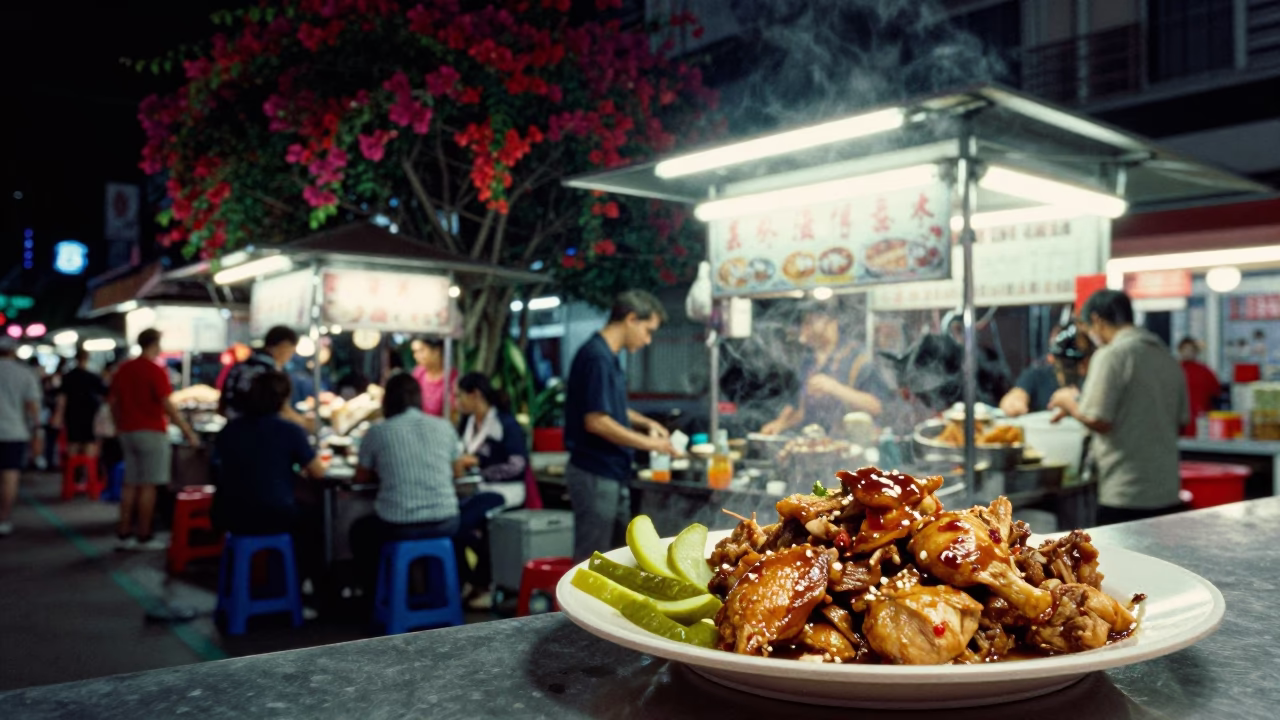Late Night Singapore Street Food Stall with Bougainvillea and Shawarma Plate in in Singapore, Singapore