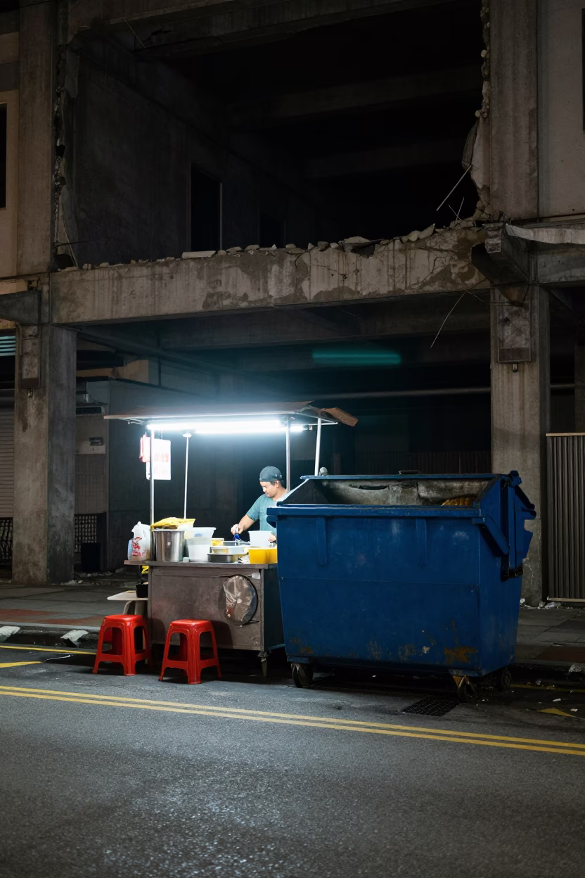 Late Night Singapore Street Food Stall with Demolition Dumpster in Background in in Singapore, Singapore
