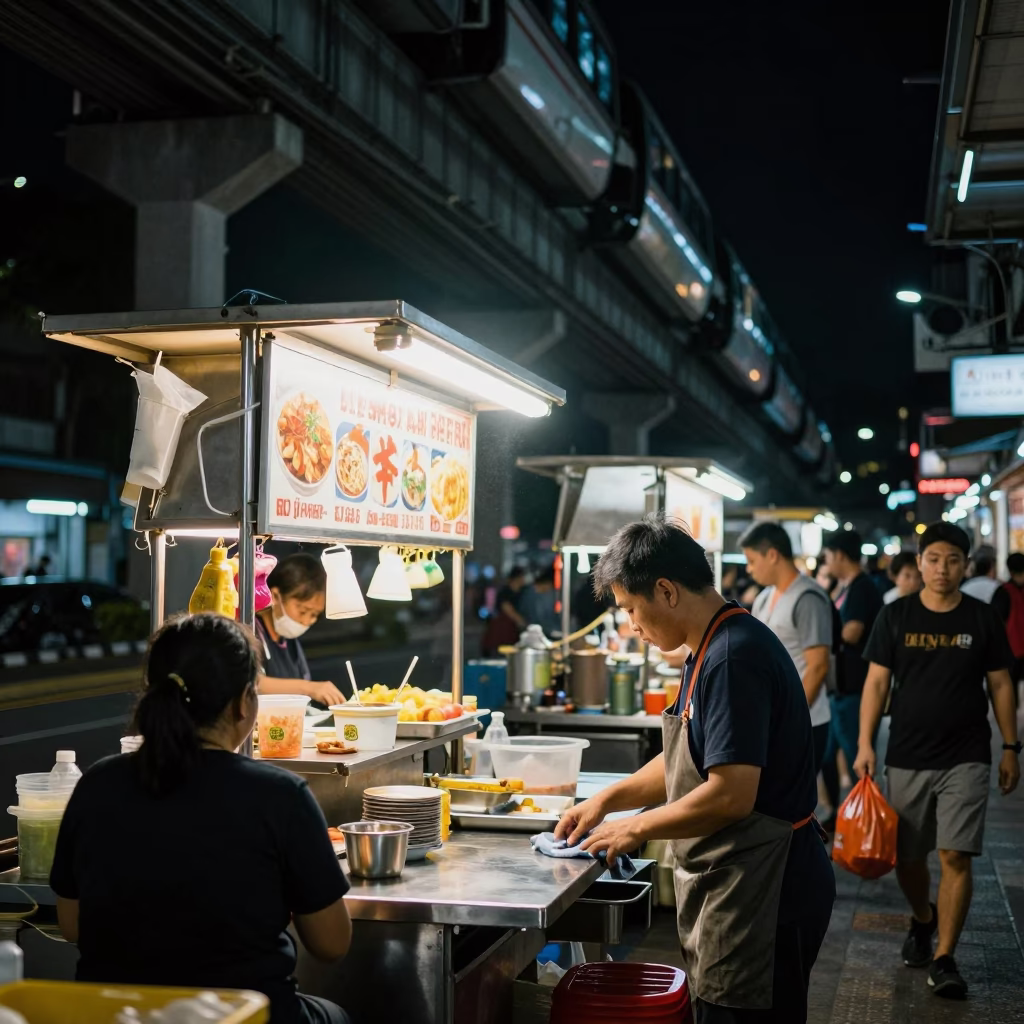 Late Night Singapore Street Food Stall with Monorail and Palm Trees in in Singapore, Singapore