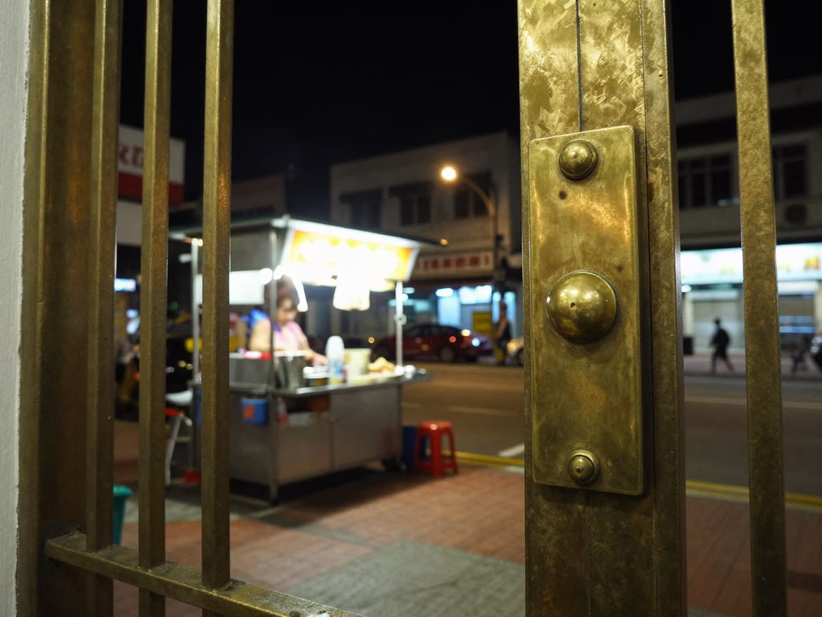 Late Night Singapore Street Scene with Brass Hardware and Food Stall in in Singapore, Singapore