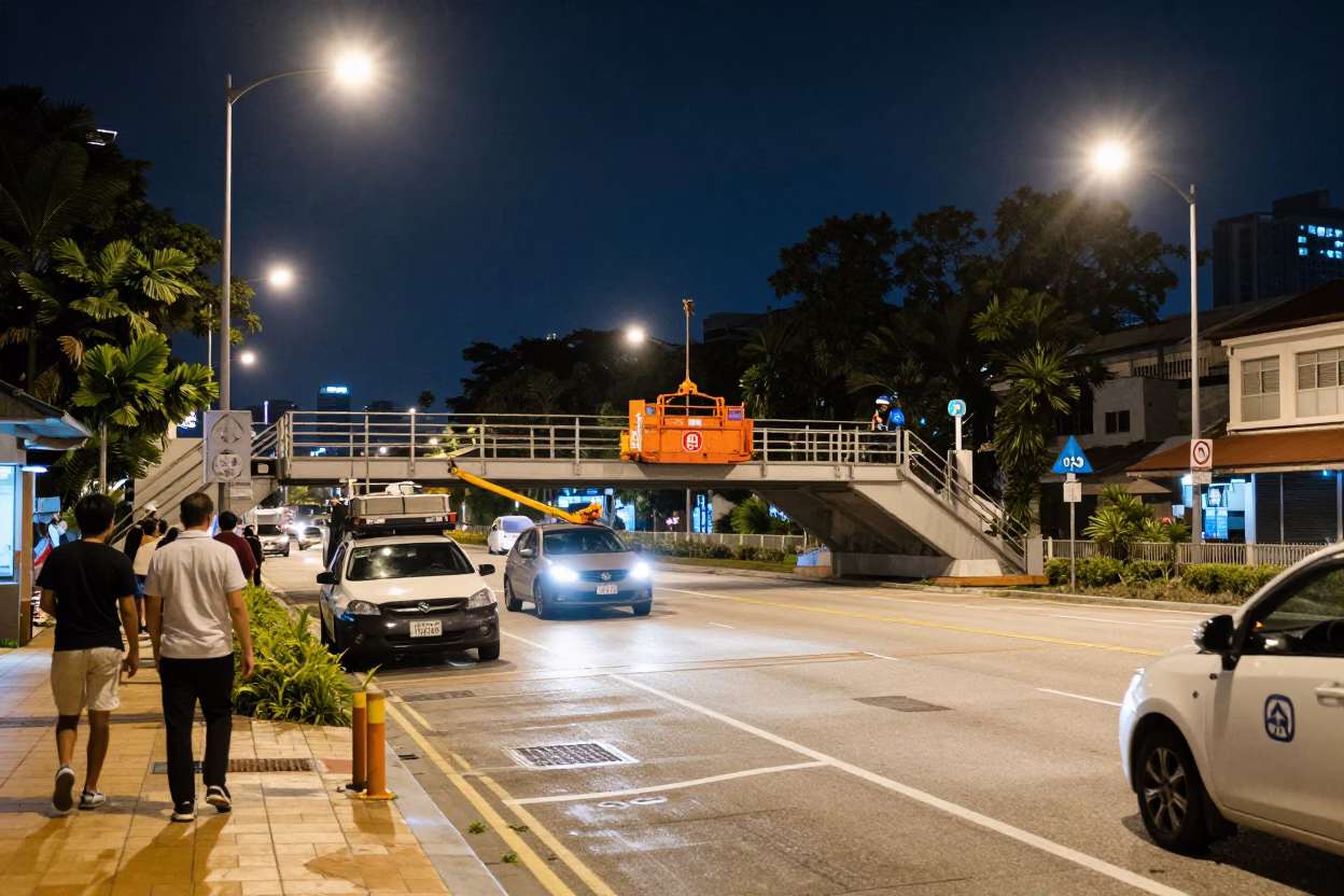Late Night Singapore Street Scene with Bridge Maintenance Cradle and Monorail Reflections in in Singapore, Singapore
