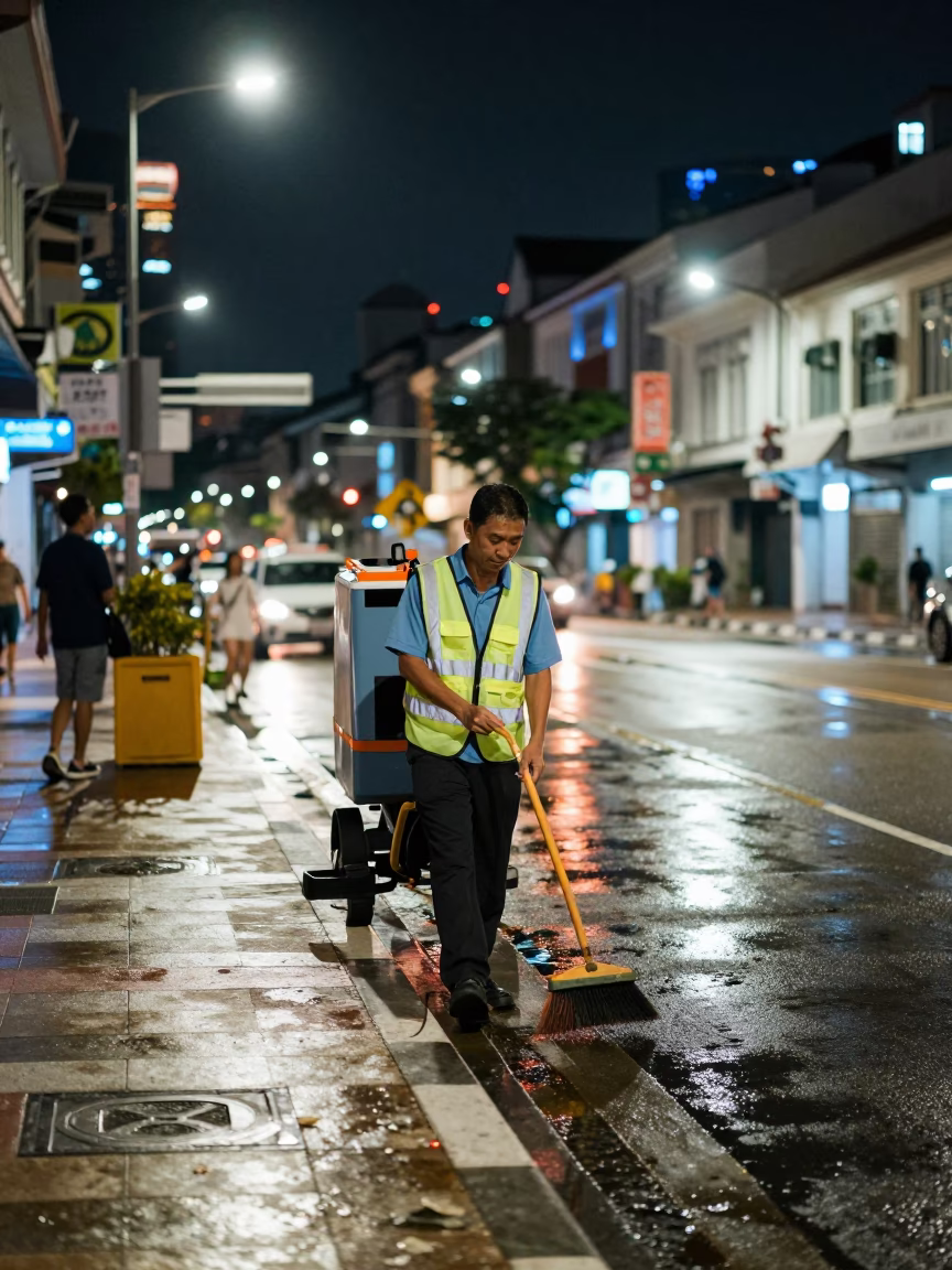 Late Night Singapore Street Scene with Broom and Urban Activity in in Singapore, Singapore