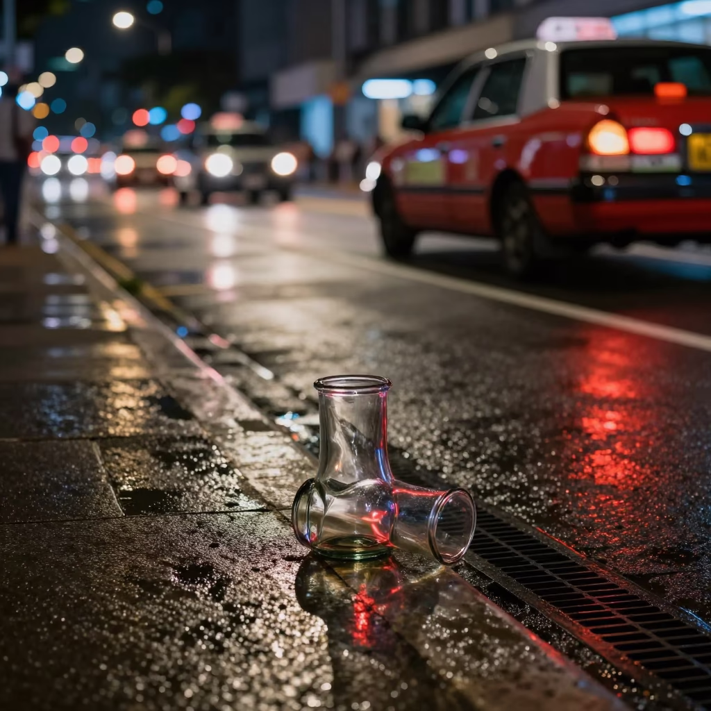 Late Night Singapore Street Scene with Glass Carafe Reflection and Tail Lights in in Singapore, Singapore