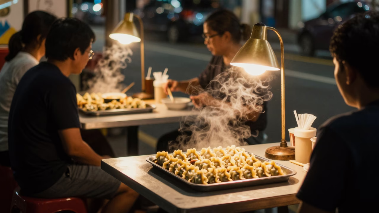 Late Night Singapore Street Scene with Gyoza and Table Lamps in in Singapore, Singapore