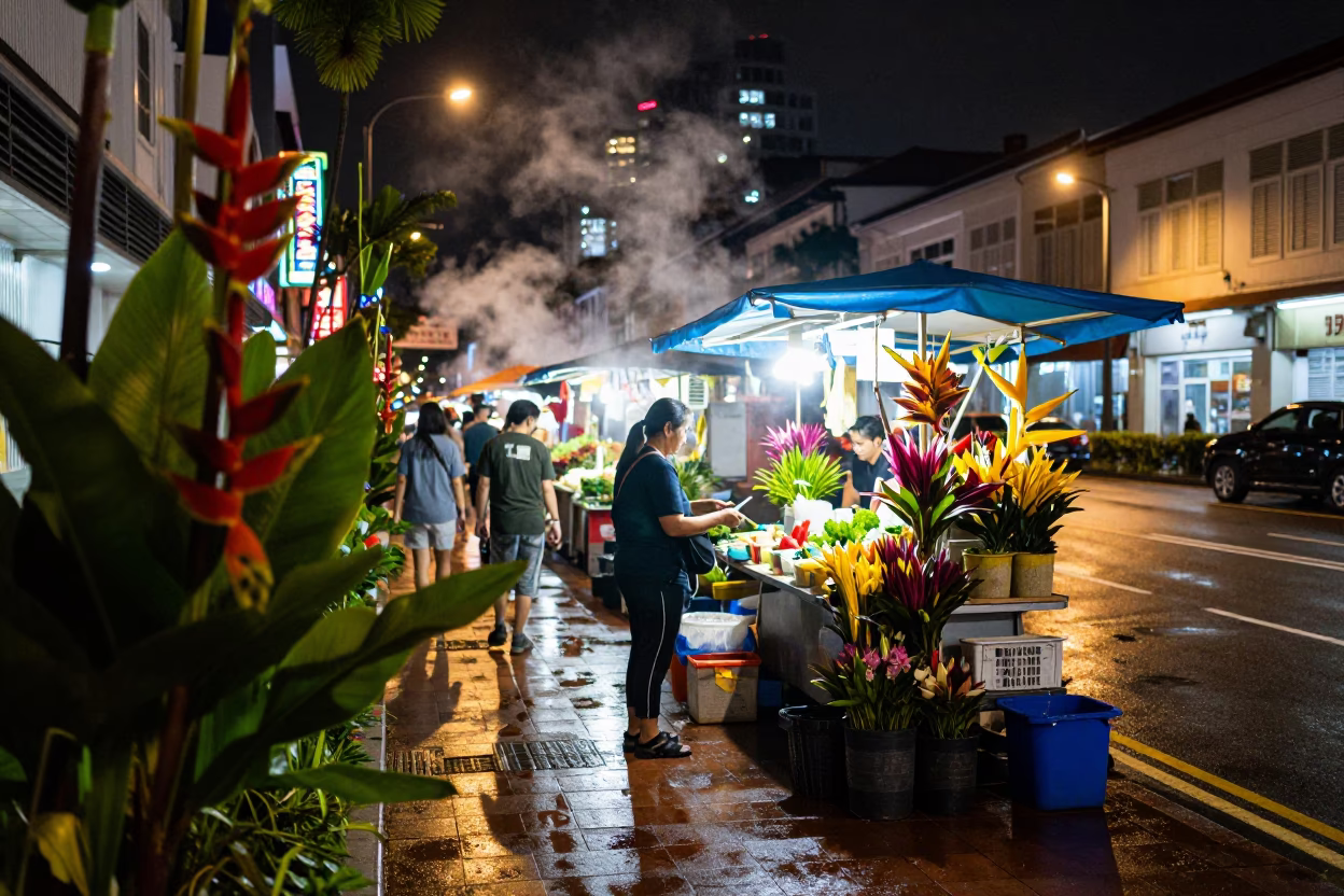 Late Night Singapore Street Scene with Heliconia and District Heating Pipes in in Singapore, Singapore