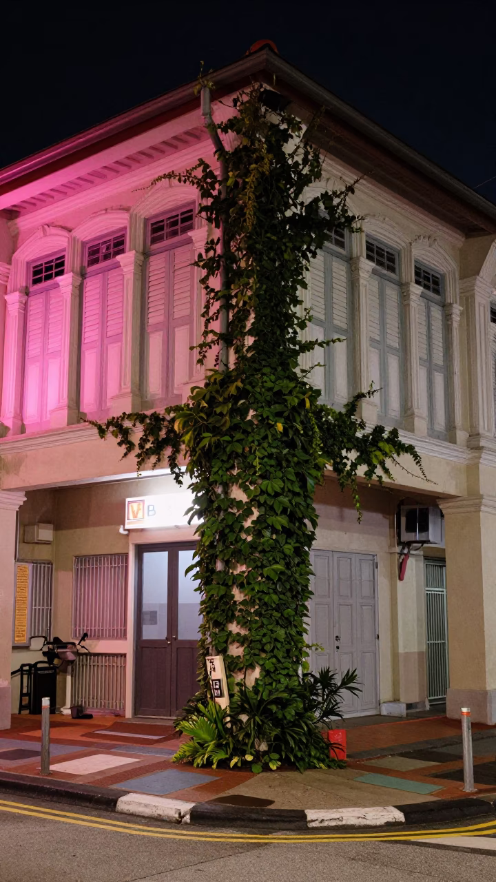 Late Night Singapore Street Scene with Ivy Vines and Neon Reflections in in Singapore, Singapore