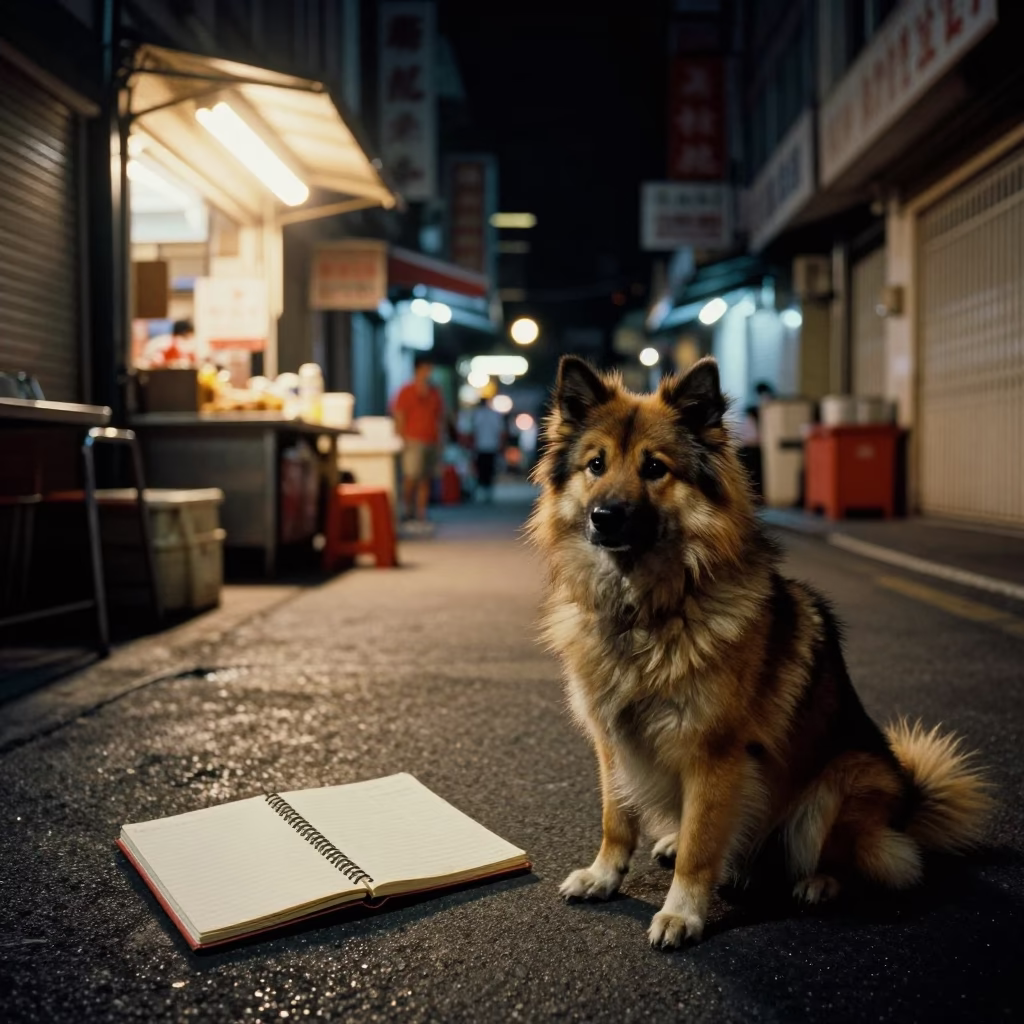 Late Night Singapore Street Scene with Notebook and Keeshond in in Singapore, Singapore