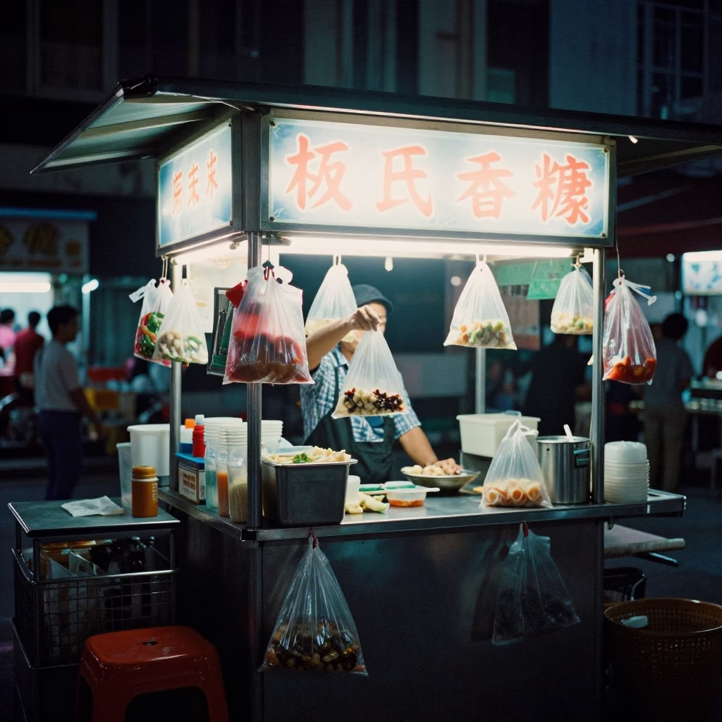 Late Night Singapore Street Scene with Plastic Bags and Neon Lights in in Singapore, Singapore