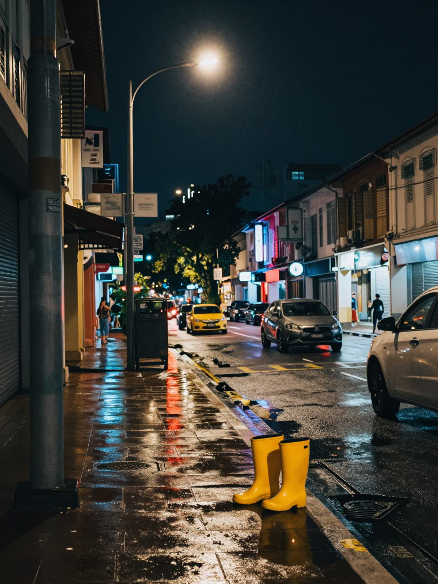 Late Night Singapore Street Scene with Rain Boots and Urban Details in in Singapore, Singapore