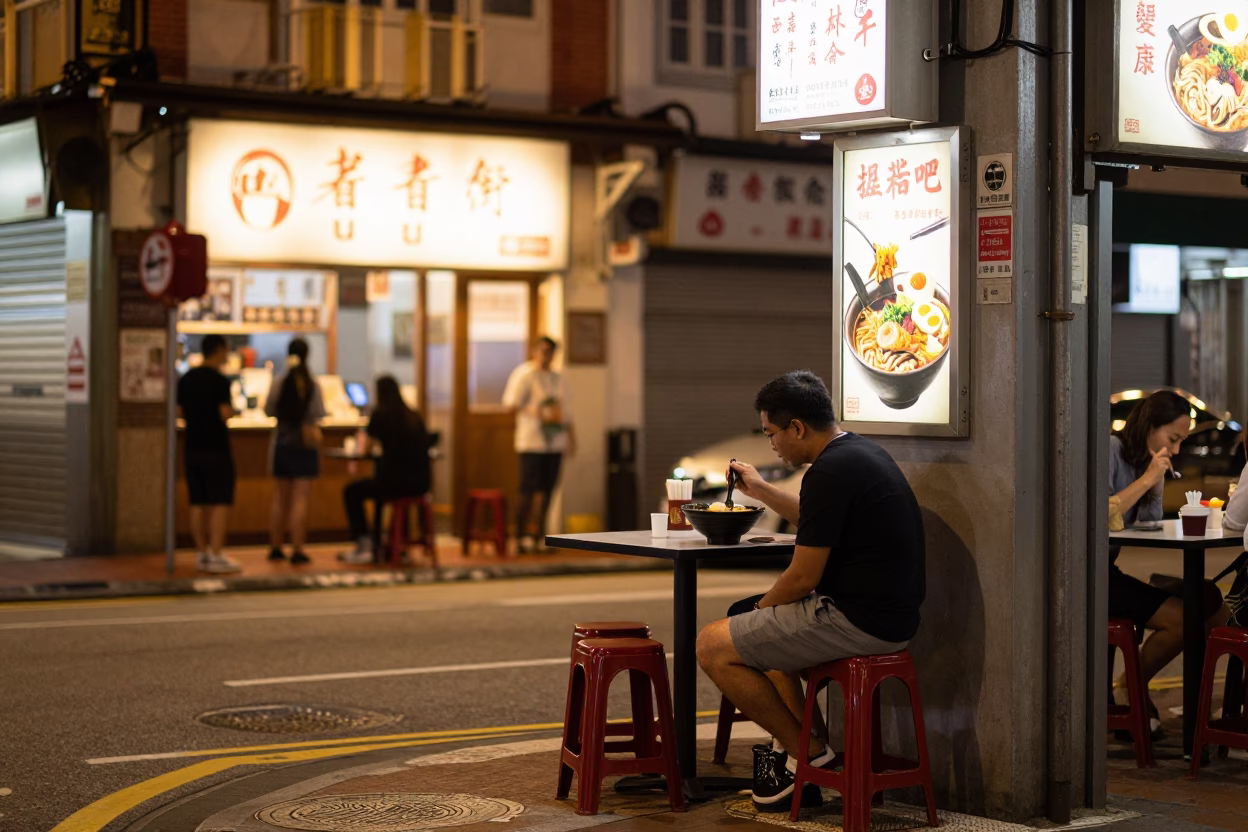 Late Night Singapore Street Scene with Ramen Bowl and Ylang-Ylang Tree in in Singapore, Singapore