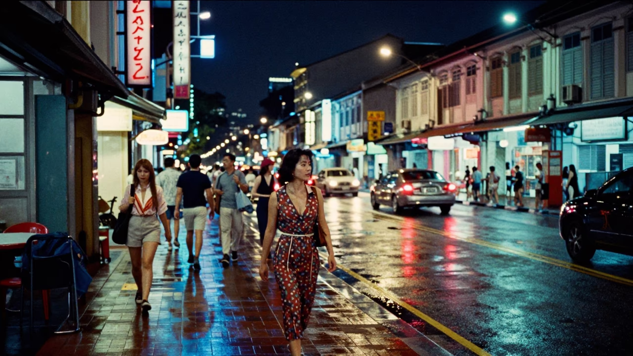 Late Night Singapore Street Scene with Vintage 1950s Aesthetic and Busy Urban Activity in in Singapore, Singapore
