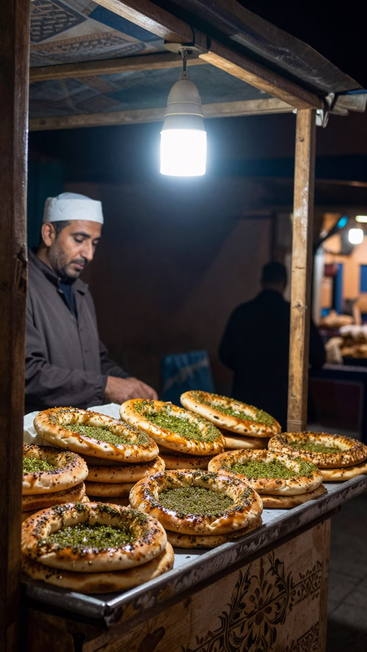 Late Night Souk Stall in Marrakech Morocco with Manakeesh and Zaatar Flatbread in in Marrakech, Morocco