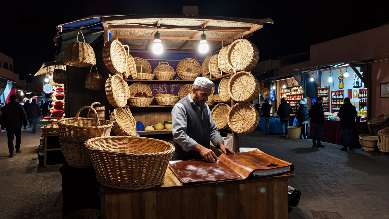 Late Night Souk Stall with Wicker Basket and Ledger in Marrakech Morocco in in Marrakech, Morocco