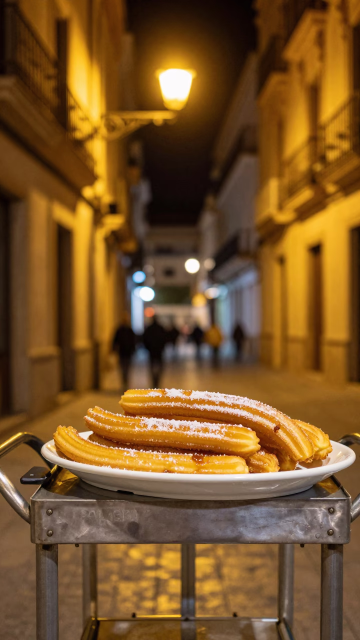 Late Night Spanish Churros and Hot Chocolate at Valencia Street Stall in in Valencia, Spain