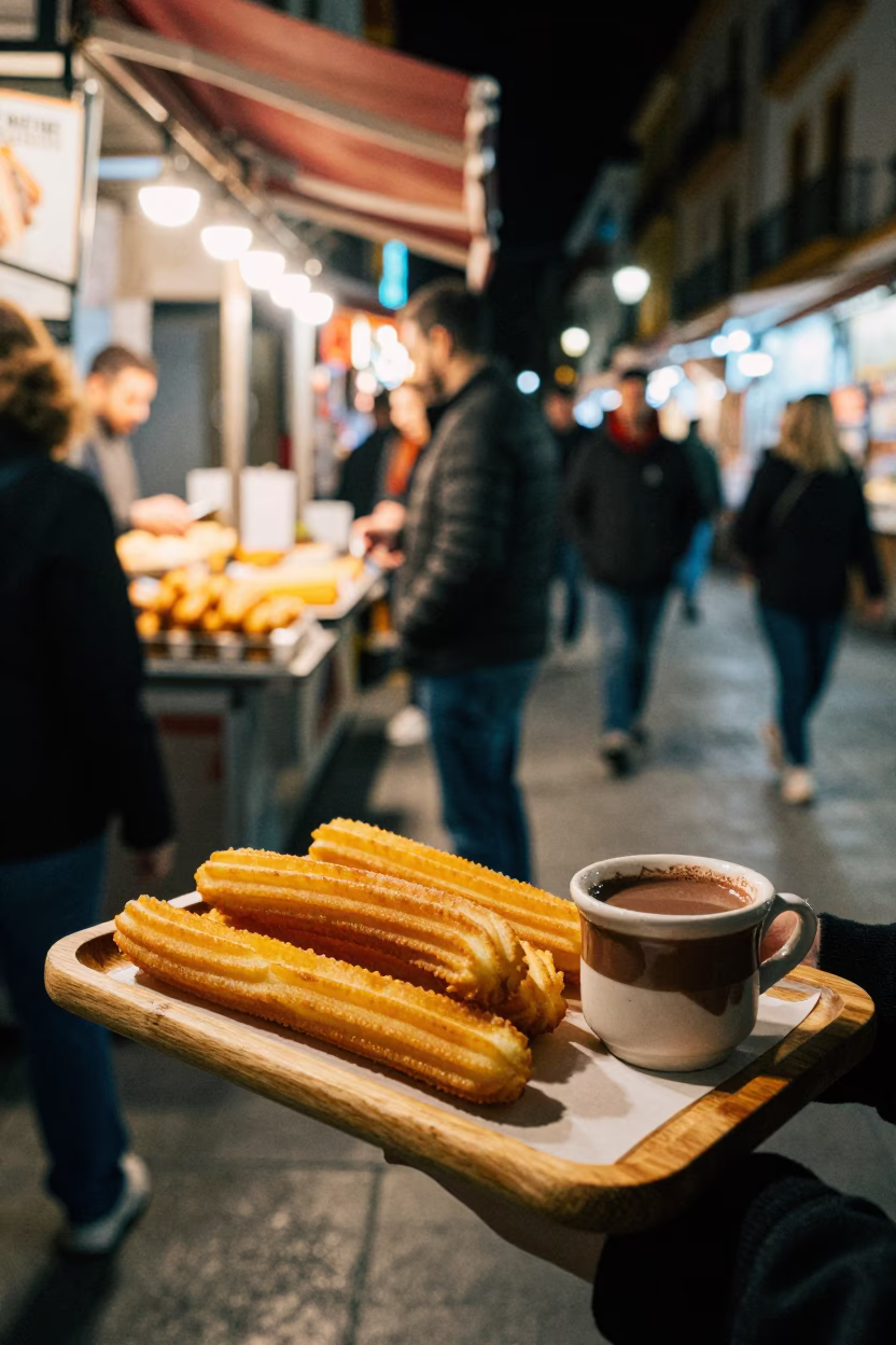 Late Night Spanish Churros with Hot Chocolate in Valencia Street Stall in in Valencia, Spain