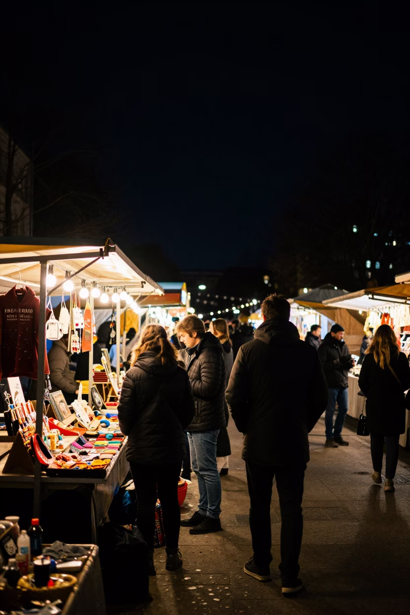 Late Night Spontaneous Market Stall in Berlin Under Deep Night Sky in in Berlin, Germany