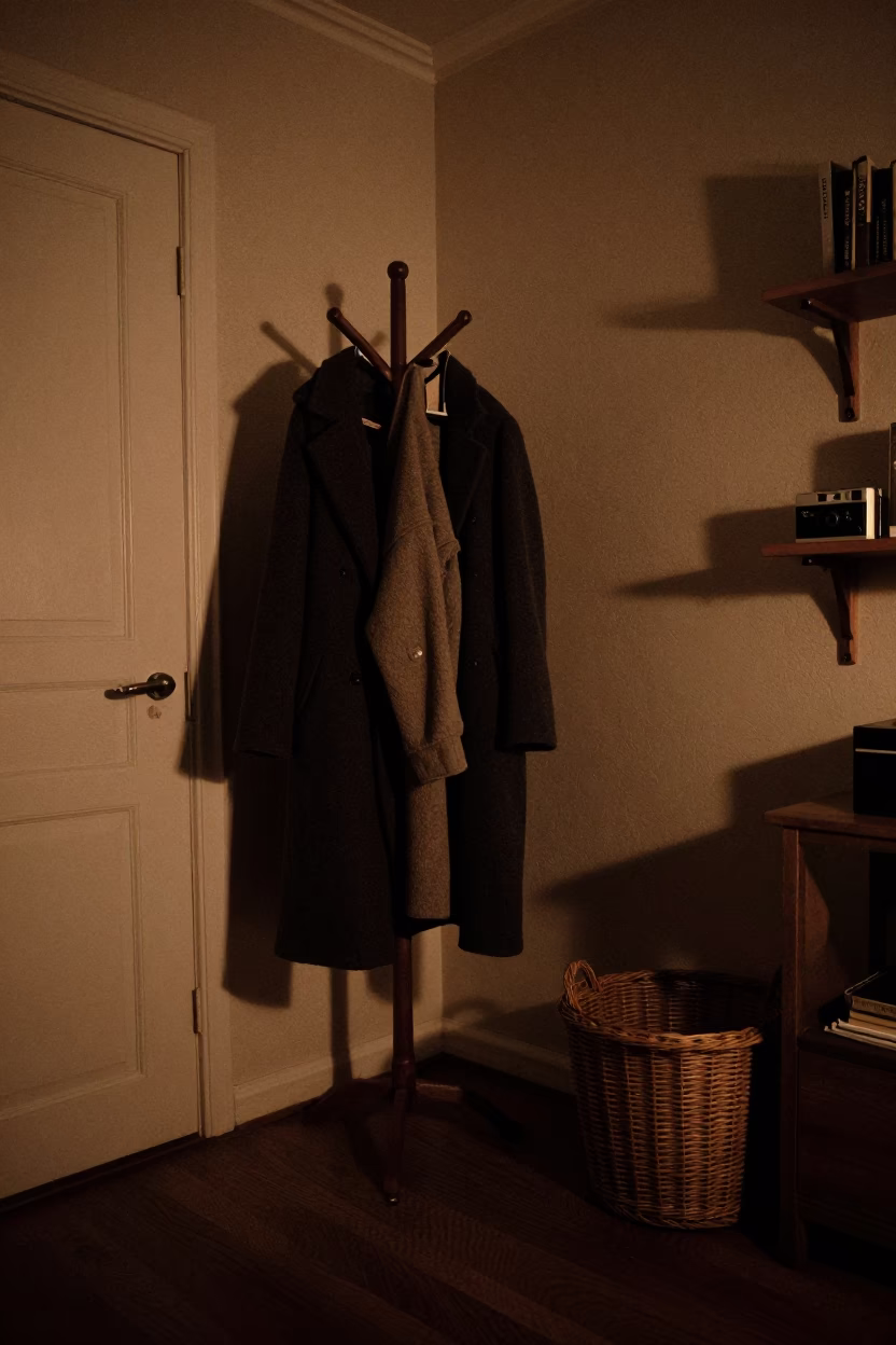 Late Night Stockholm Interior with Coat Stand and Wicker Shadow on Shelf in in Stockholm, Sweden