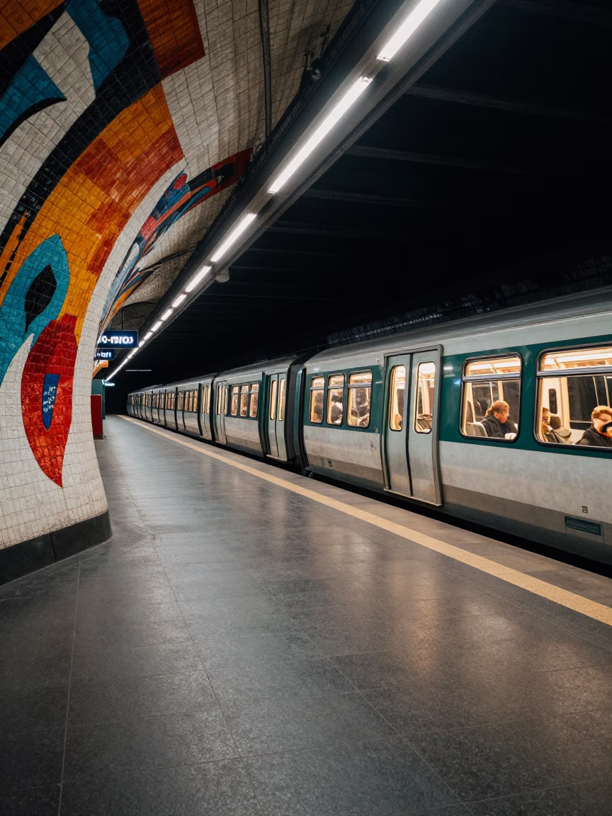 Late Night Stockholm Metro Art Adorned Station Platform with Commuter in in Stockholm, Sweden