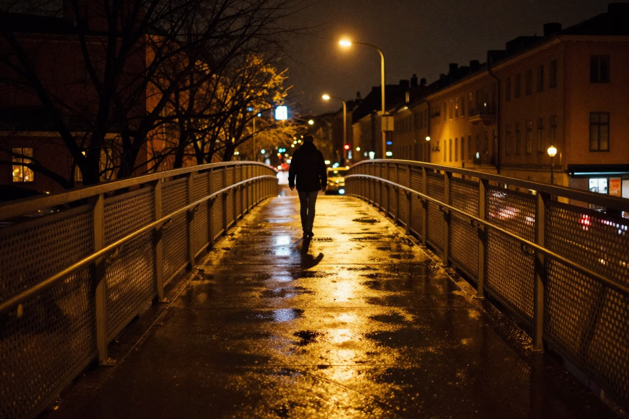 Late Night Stockholm Pedestrian Overpass Perforated Metal Wet Footsteps in in Stockholm, Sweden