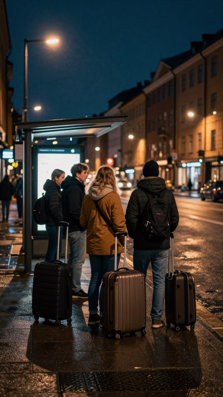 Late Night Stockholm Street Corner with Suitcases and Urban Nightlife in in Stockholm, Sweden
