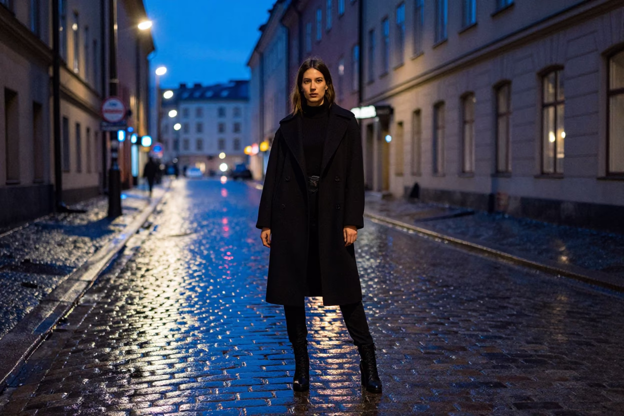 Late Night Stockholm Street Fashion Portrait with Neon Reflections and Urban Architecture in in Stockholm, Sweden