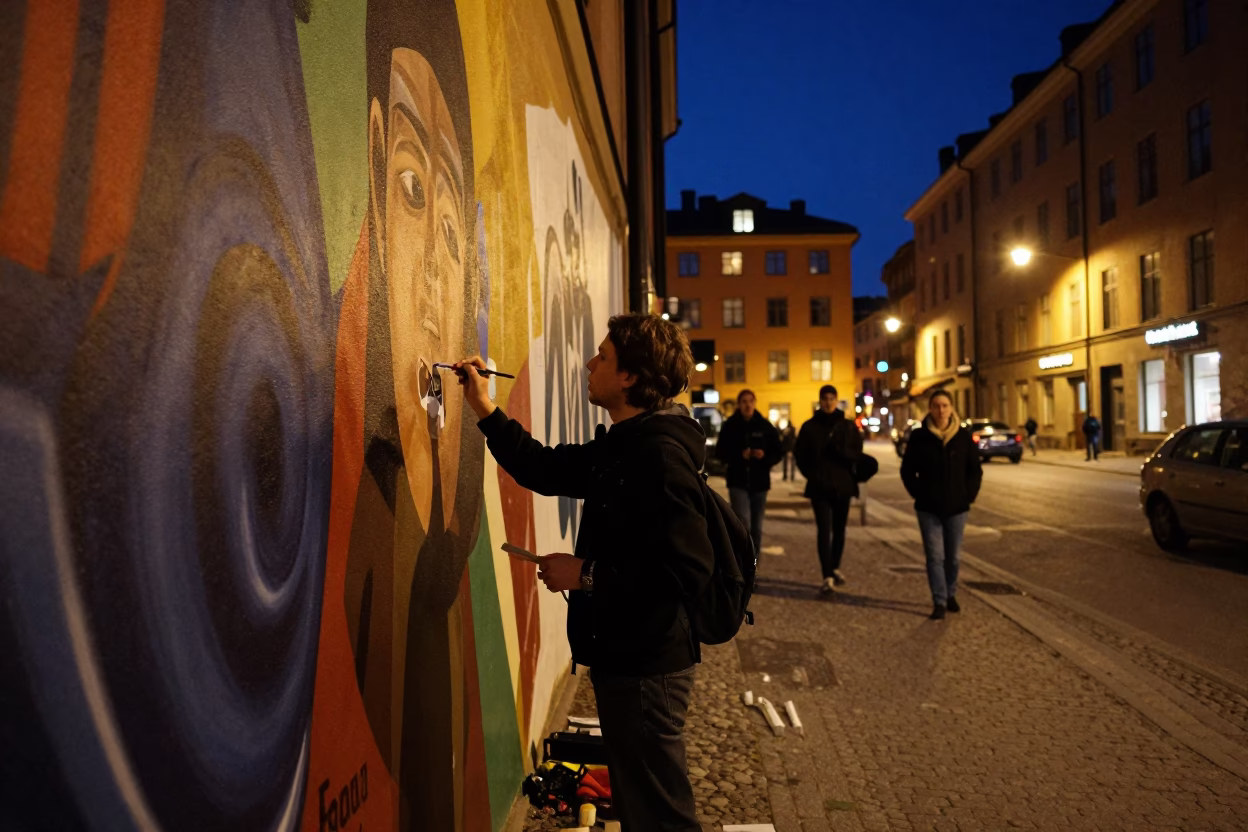 Late Night Stockholm Street Scene with Artist Painting Mural Under Neon Lights in in Stockholm, Sweden