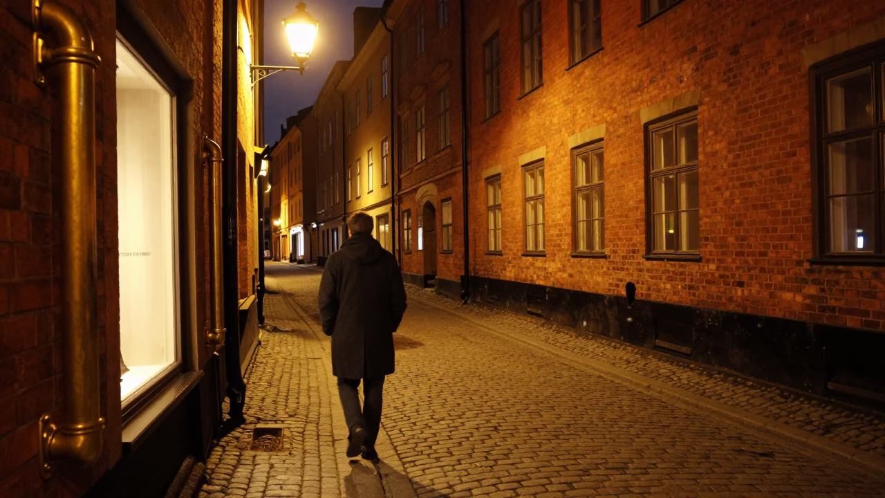 Late Night Stockholm Street Scene with Brass Hardware and Glassware Reflections in in Stockholm, Sweden