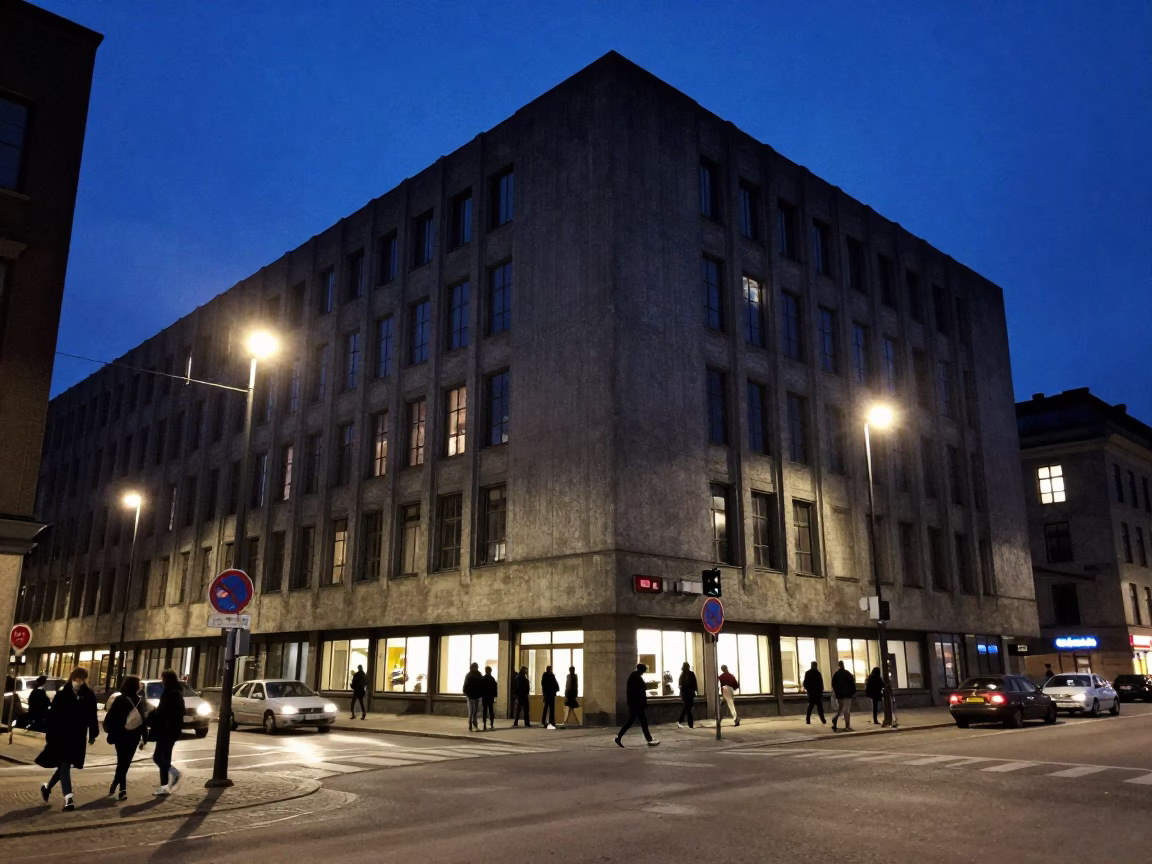 Late Night Stockholm Street Scene with Brutalist Architecture and Urban Life in in Stockholm, Sweden