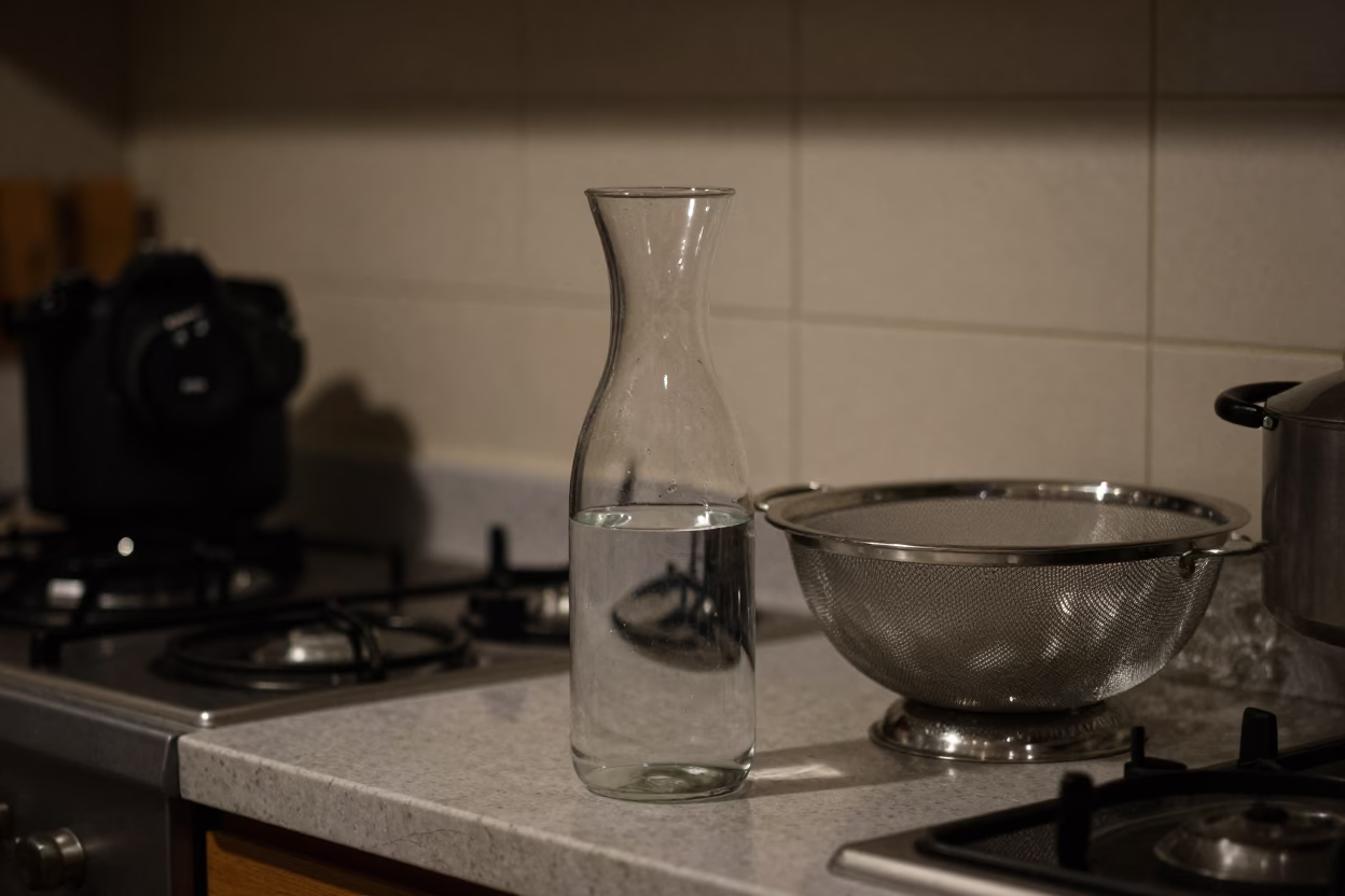 Late Night Stockholm Street Scene with Carafe and Mesh Colander on Countertop in in Stockholm, Sweden