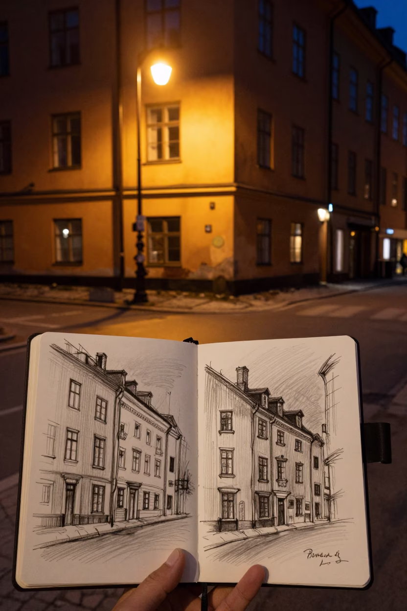 Late Night Stockholm Street Scene with Charcoal Sketchbook and Drawer Knob Detail in in Stockholm, Sweden