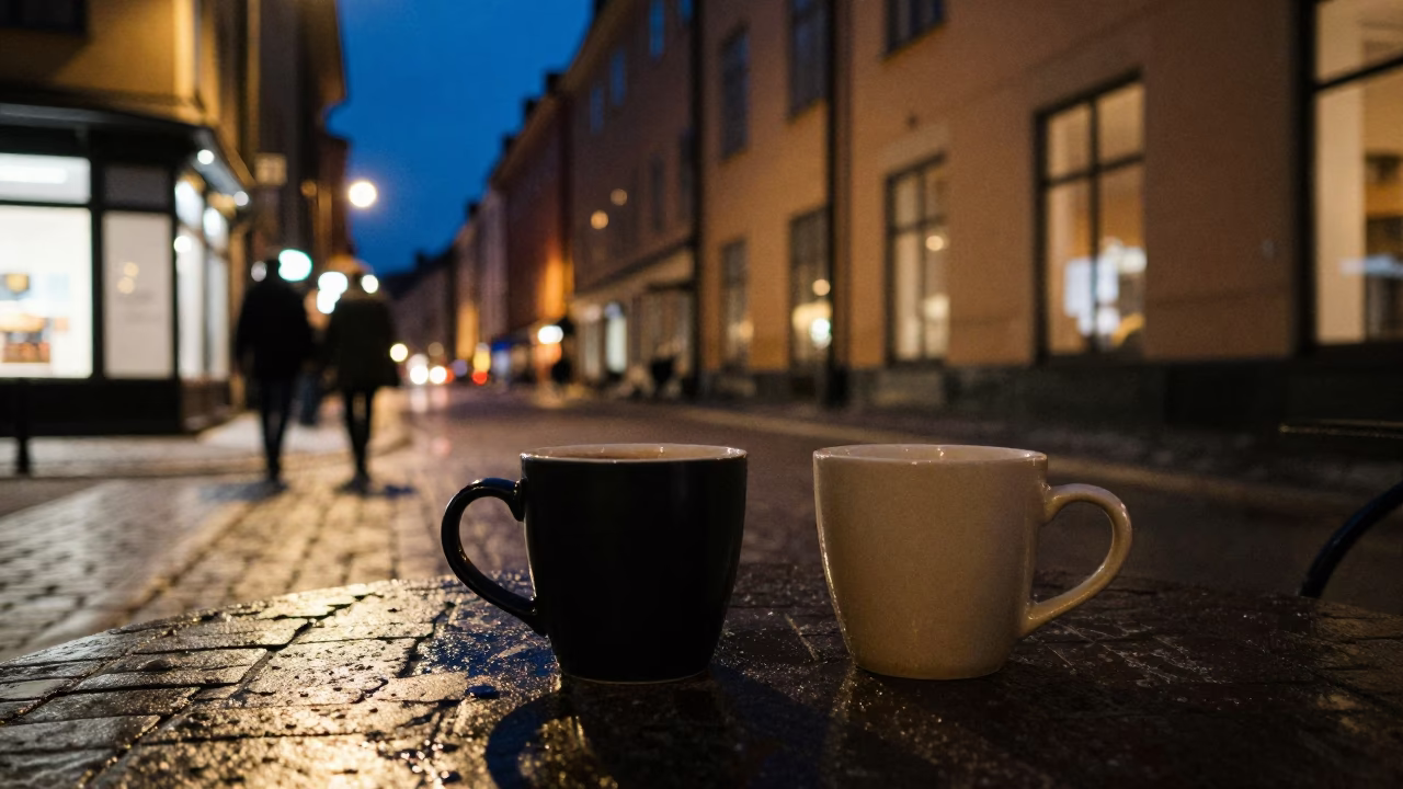 Late Night Stockholm Street Scene with Coffee Mugs and Ferry Piling System in in Stockholm, Sweden