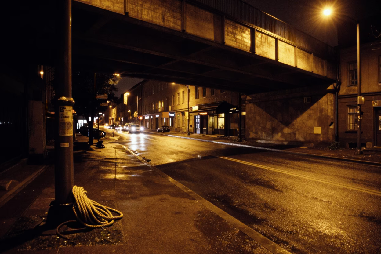 Late Night Stockholm Street Scene with Coiled Rope and Traffic Shadows in in Stockholm, Sweden