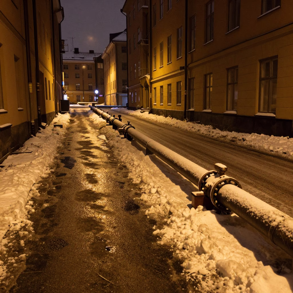 Late Night Stockholm Street Scene with District Heating Pipes and Snow in in Stockholm, Sweden