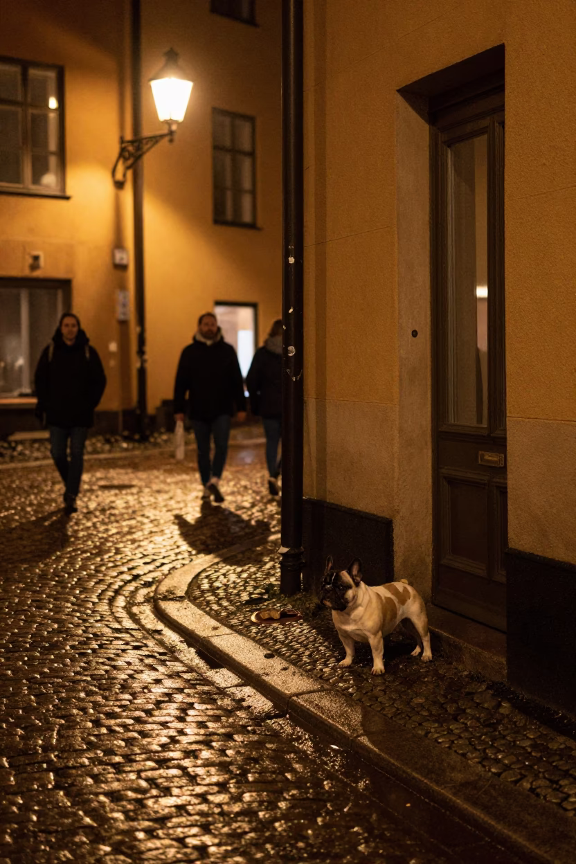 Late Night Stockholm Street Scene with French Bulldog and Rainy Urban Atmosphere in in Stockholm, Sweden