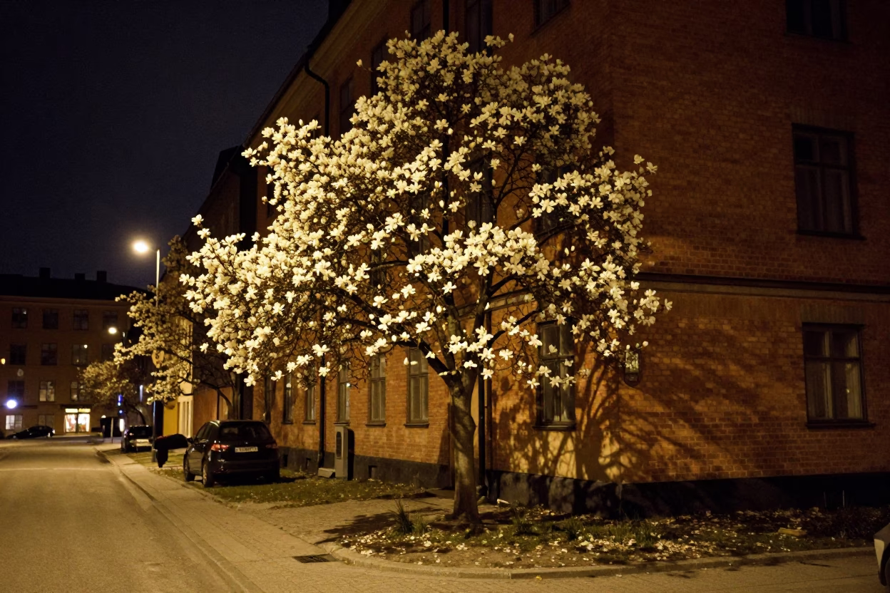Late Night Stockholm Street Scene with Magnolia Tree in Bloom Under Deep Night Sky in in Stockholm, Sweden