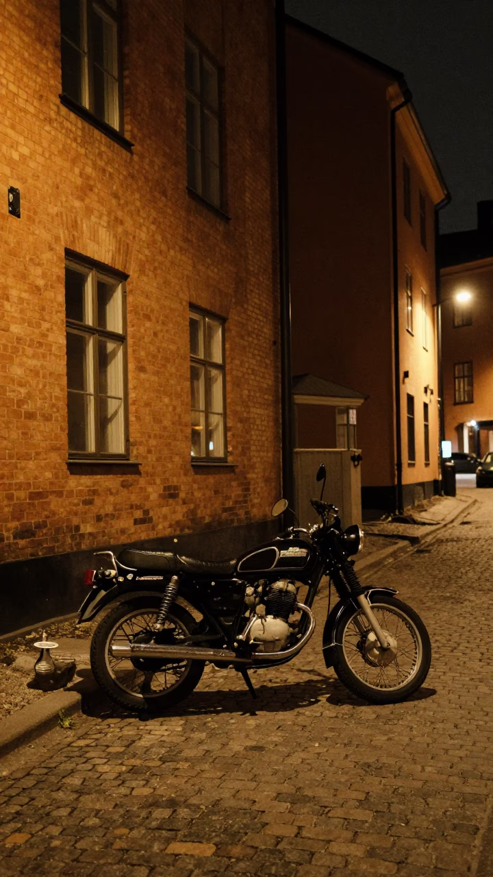 Late Night Stockholm Street Scene with Motorcycle and Cargo Bicycle in Sweden in in Stockholm, Sweden
